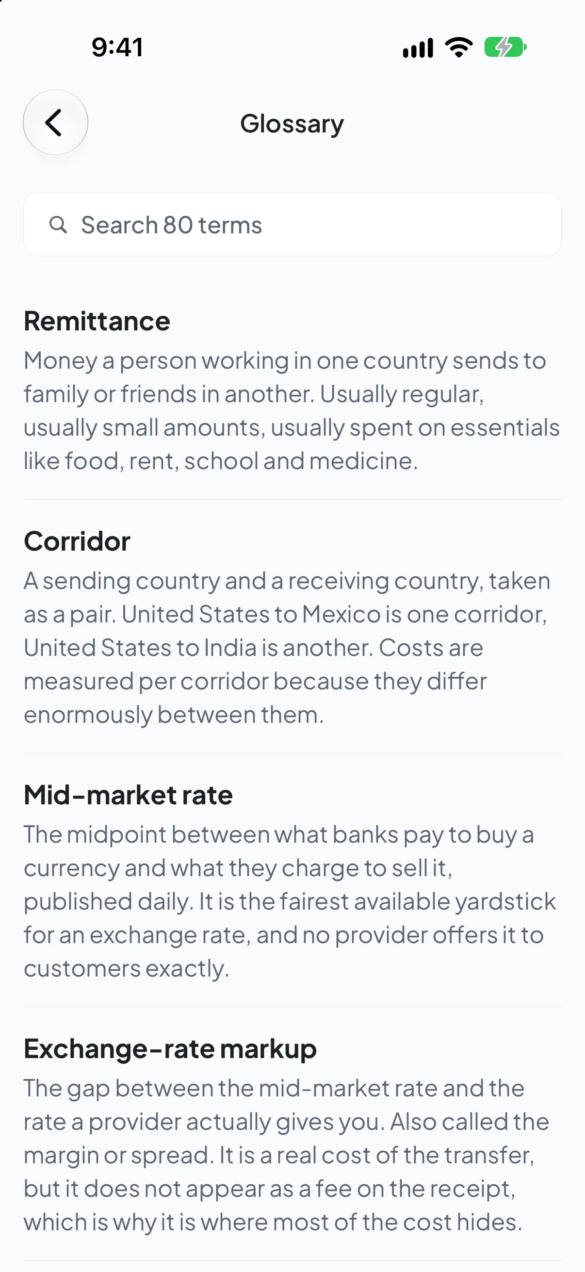 Glossary, in the RemitBridge app