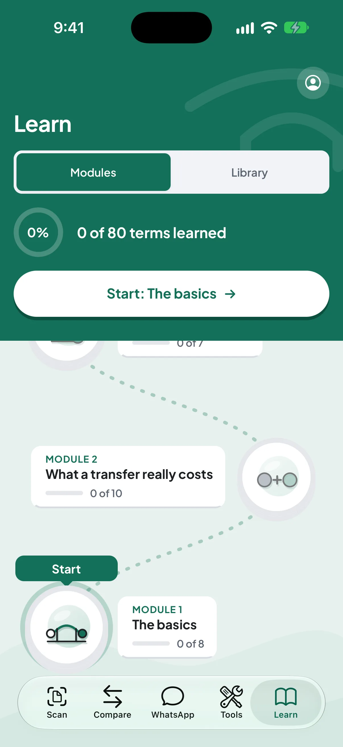 The learn screen in the RemitBridge app