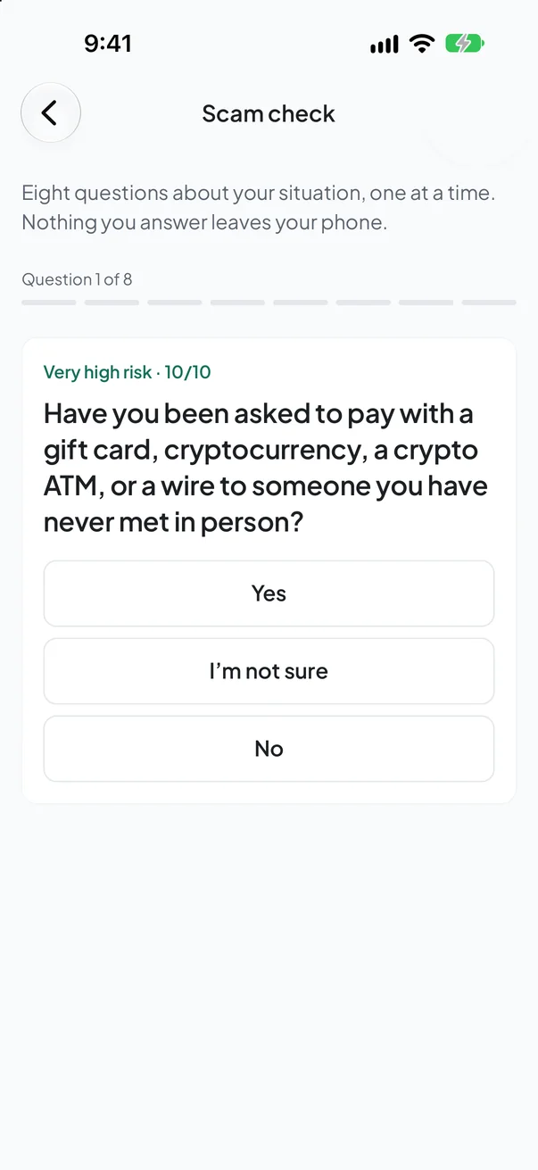 The scam check screen in the RemitBridge app