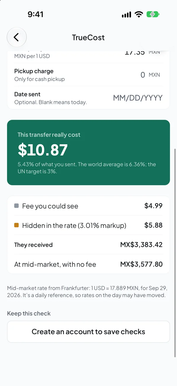 TrueCost, in the RemitBridge app